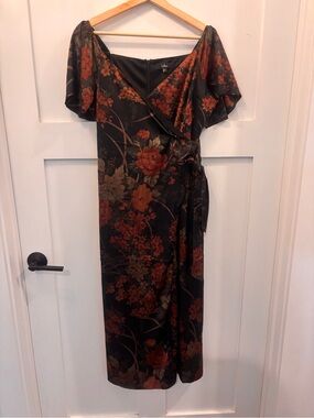 Lulu's Black Midi Wrap Dress with Rust Floral Print
